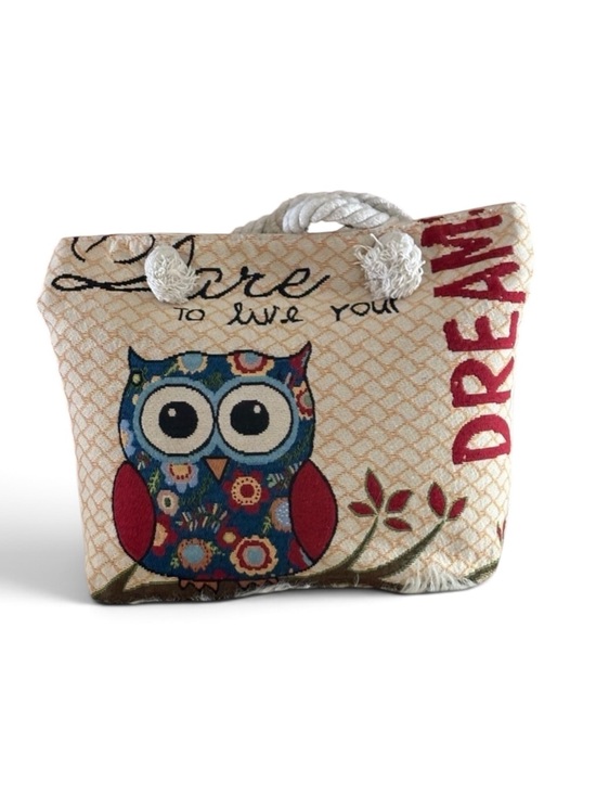 Handbags - Owl Design Tote Bag - Cream and Red ‘Dare To Live Your Dream’ Graphic
